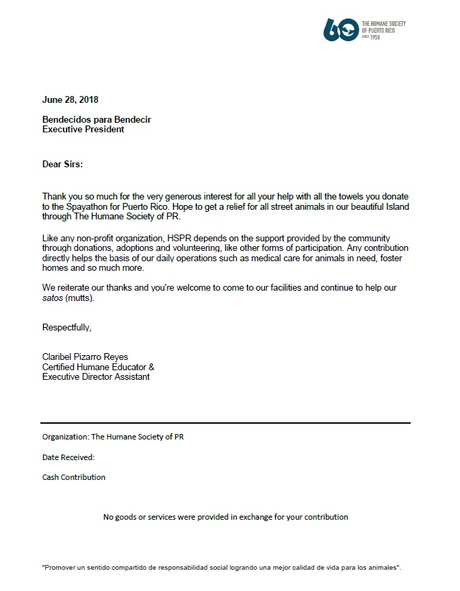 Carta Agradecimiento de Human Society of PR 201806